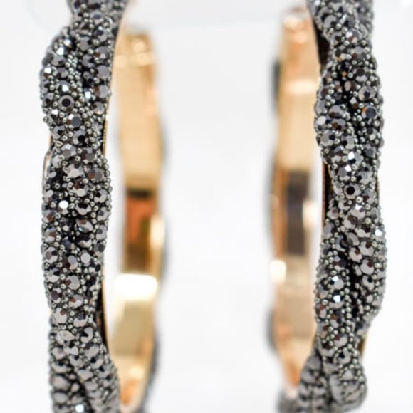 3" Braid Twist Hematite Rhinestone Hoop Earrings - Picture 6 of 12